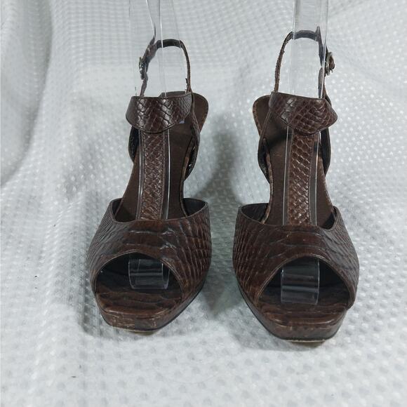 NINE WEST! ESPRESSO BROWN GENUINE LEATHER, T BAR LIZARD IMPRINT HEELS! SZ 7M - Picture 5 of 12